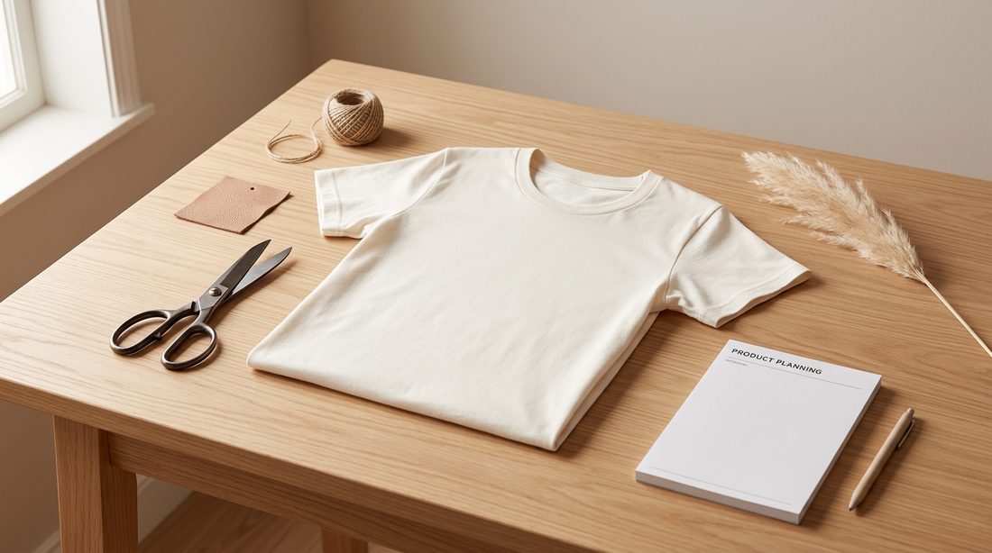 Clean workspace with blank neutral apparel and crafting tools for minimalist western apparel production.
