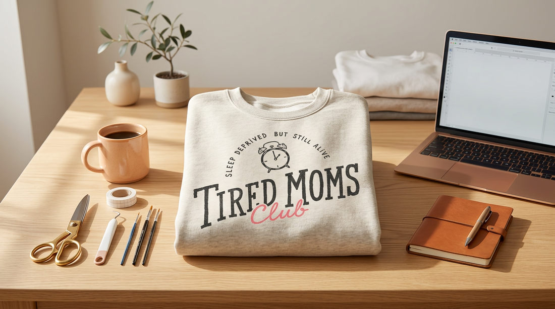 A cozy workspace with a blank oversized sweatshirt, coffee mug, and crafting tools for print-on-demand sellers.