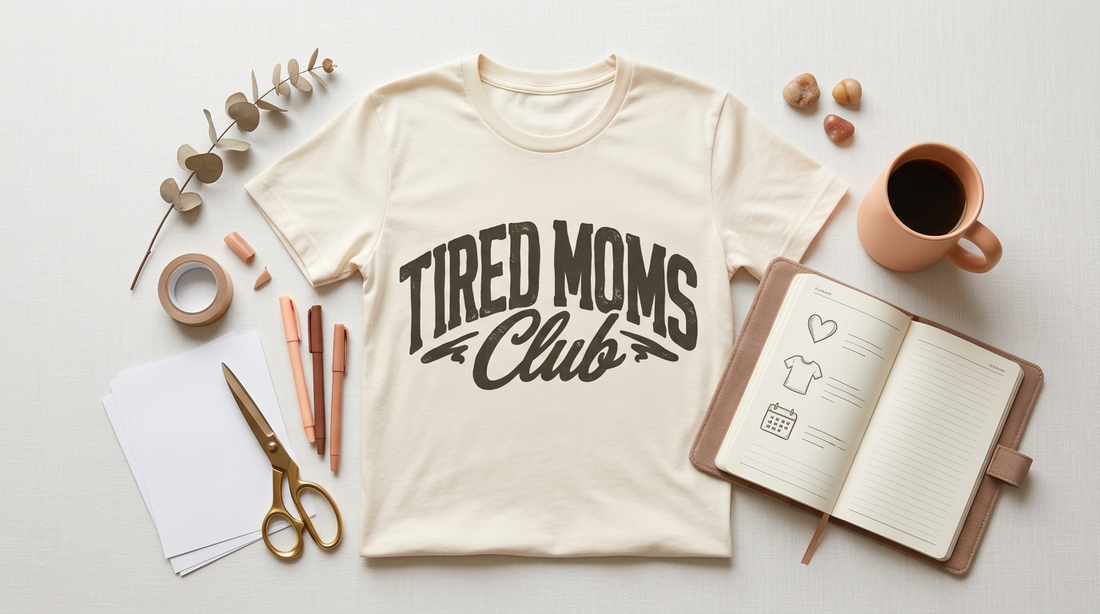 Workspace with blank t-shirts, an open planner, and crafting tools for Mother's Day POD shop preparation.