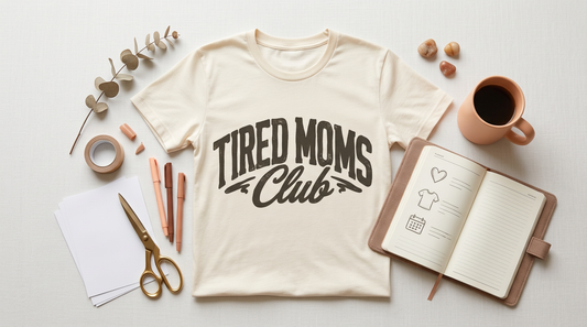 Workspace with blank t-shirts, an open planner, and crafting tools for Mother's Day POD shop preparation.