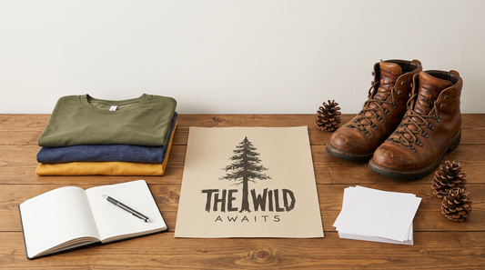 Flat lay of blank earth-tone t-shirts, hiking boots, and a printed mountain forest design on a wooden workspace.