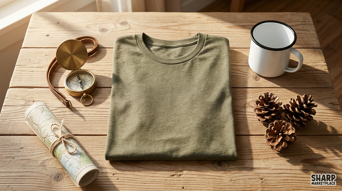 A rustic wooden table displaying a vintage National Park t-shirt mockup alongside a compass, enamel mug, and pinecones.
