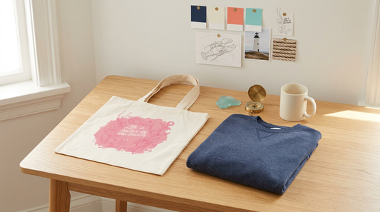 A clean editorial workspace showing a natural canvas tote bag and a folded heather navy sweatshirt with subtle coastal props.