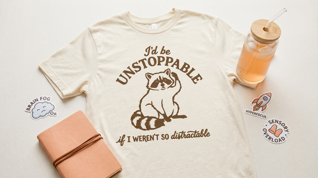Flat lay of a sensory-friendly graphic tee surrounded by laptop stickers and a sublimated tumbler on a neutral desk.