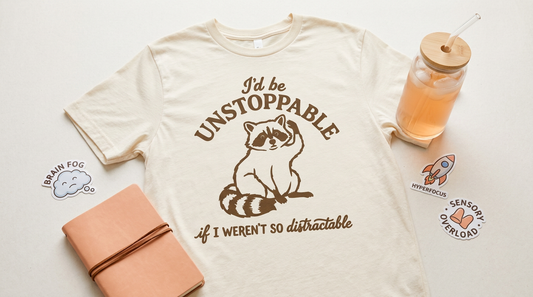 Flat lay of a sensory-friendly graphic tee surrounded by laptop stickers and a sublimated tumbler on a neutral desk.