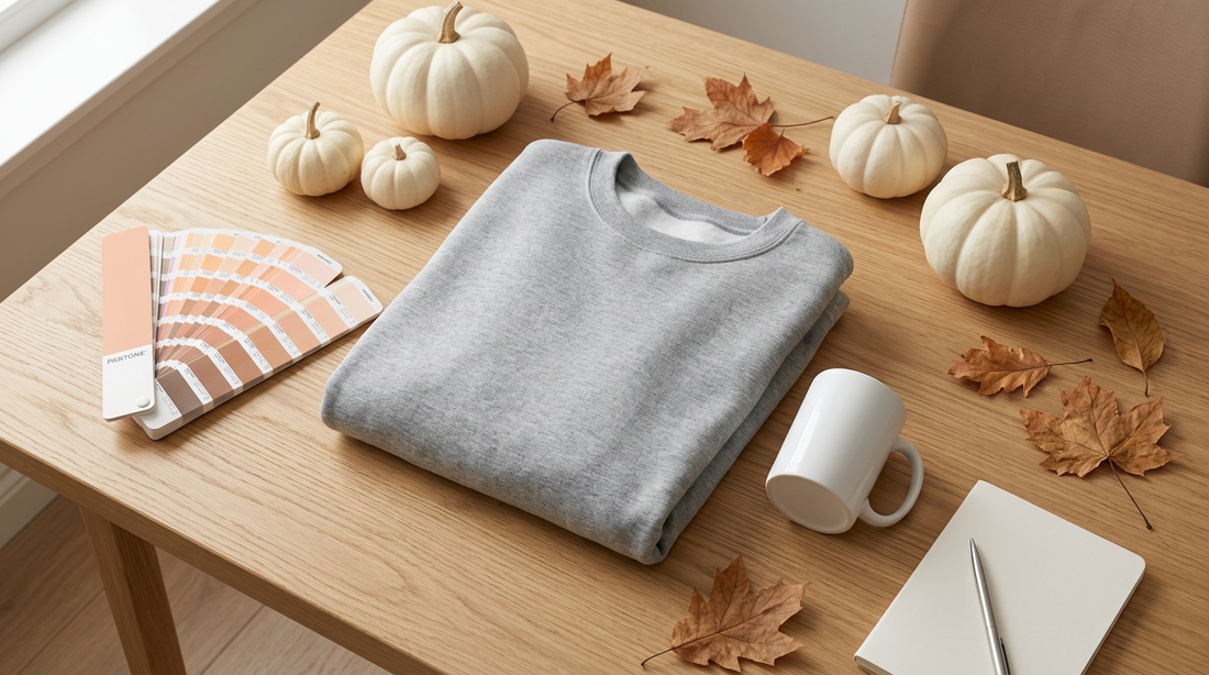 A cozy workspace showing a blank heavyweight sweatshirt, ceramic mug, and autumn props ready for niche print-on-demand