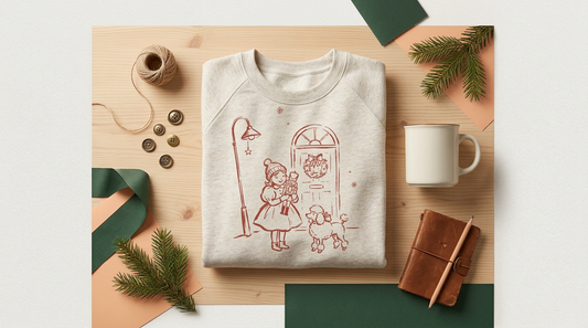 A cozy workspace featuring classic vintage Christmas PNG designs printed on an oatmeal heather sweatshirt and a ceramic mug.
