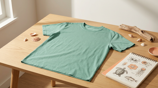 A neat crafting workspace featuring a blank seafoam green t-shirt, vintage marine biology sketches, and coastal props like