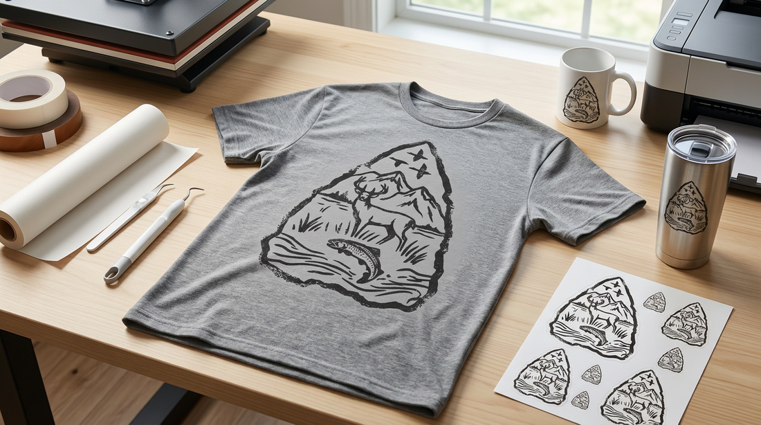 Flat lay of a heather olive t-shirt featuring a rustic arrowhead deer and trout design surrounded by outdoor props.