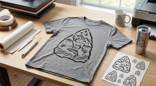 Flat lay of a heather olive t-shirt featuring a rustic arrowhead deer and trout design surrounded by outdoor props.