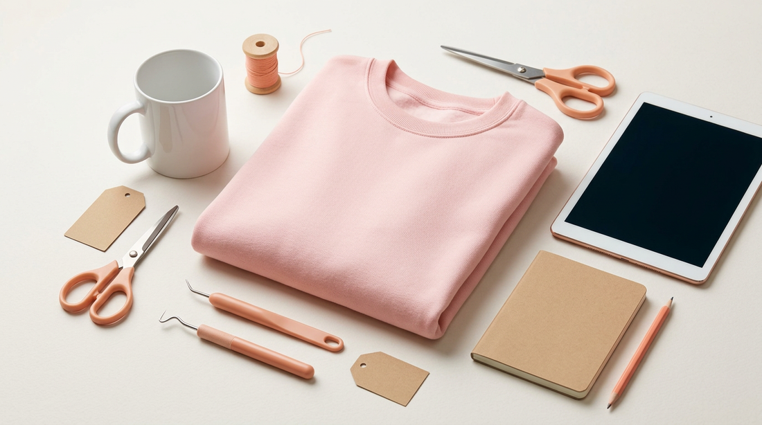 A cozy workspace showing a blank sweatshirt, a coffee mug, and crafting tools ready for pet Valentine designs.