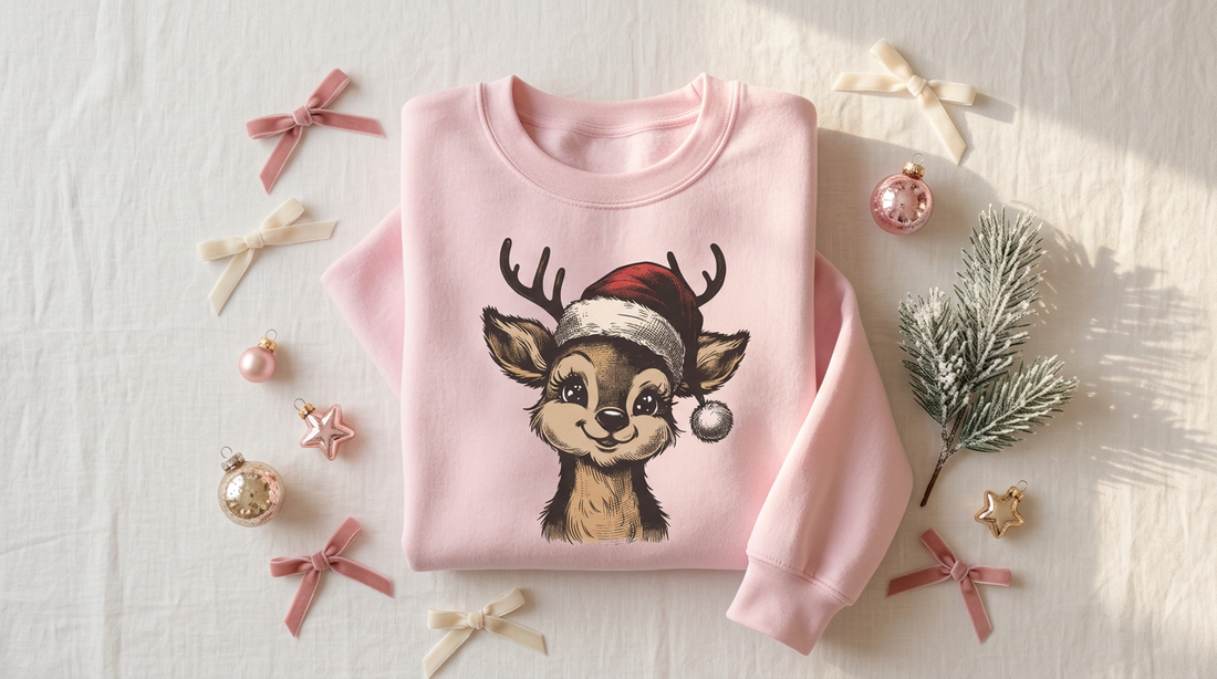 A flat lay of a light pink holiday sweatshirt surrounded by coquette bows and pastel Christmas ornaments.