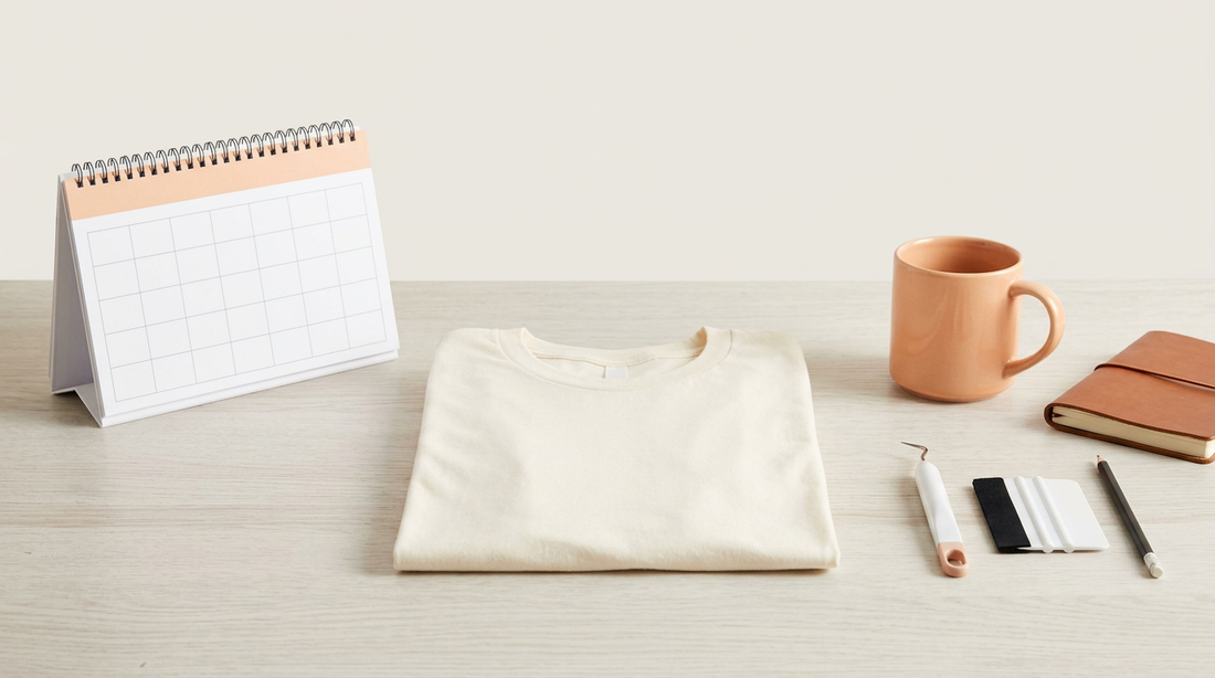 A clean workspace with a calendar, blank apparel, and crafting tools for planning seasonal print on demand projects.