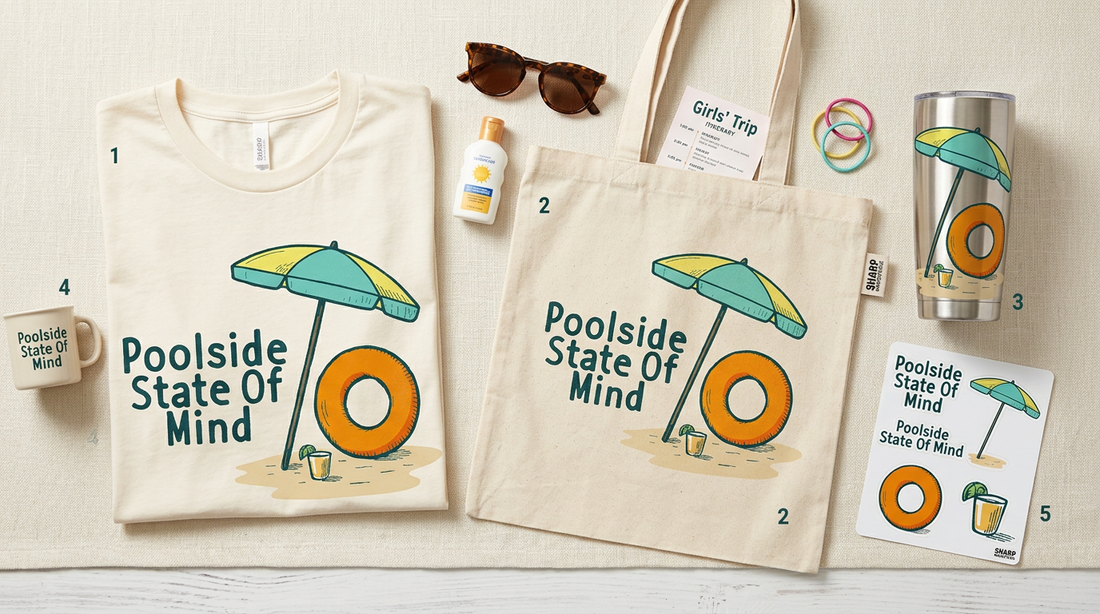 A bright summer flatlay featuring a Poolside State of Mind graphic tee, sunglasses, and a beach tote bag.