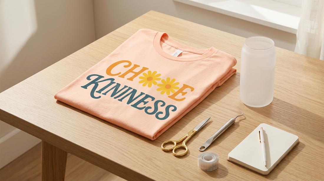 A clean editorial workspace showing a folded pastel t-shirt, a blank glass can cup, and crafting tools on a light oak desk.