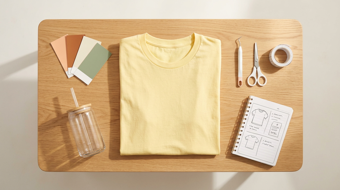 Flat lay of a blank pastel t-shirt with crafting tools and a positive vibes mood board for print on demand sellers.