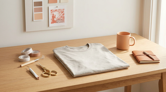 Editorial workspace showing a blank neutral-toned t-shirt, a ceramic mug, and crafting tools on a light oak table.