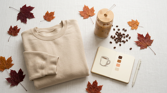 Flat lay of a cozy autumn sweatshirt next to a pumpkin spice coffee mug and fall leaves on a neutral workspace.
