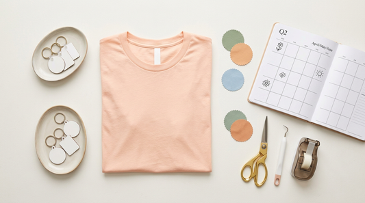 Flat lay of spring and summer print on demand apparel mockups with a planning calendar and color swatches.