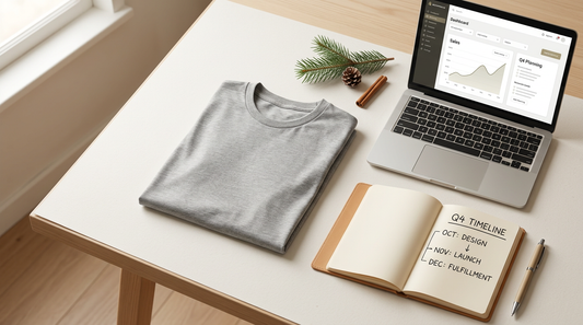 A clean workspace of a print-on-demand seller preparing for the holidays with a blank t-shirt and planning timeline.