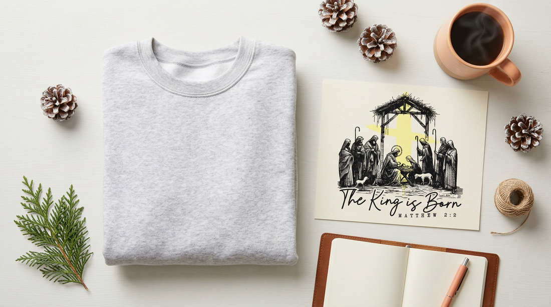A clean editorial flat lay of a blank cozy winter sweatshirt surrounded by subtle holiday props like frosted pinecones.