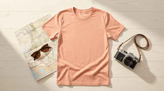 A flat lay of a vintage road trip t-shirt mockup surrounded by a map, sunglasses, and a camera on a wooden table.