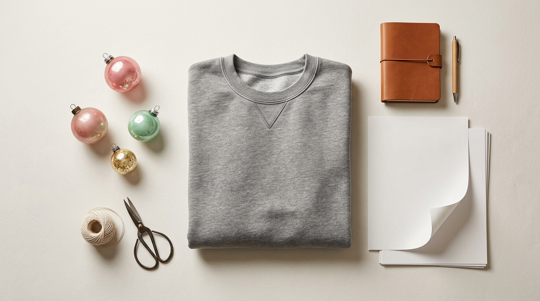 Blank vintage-wash sweatshirt on a crafting table with retro holiday ornaments and sublimation supplies.