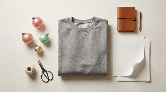 Blank vintage-wash sweatshirt on a crafting table with retro holiday ornaments and sublimation supplies.