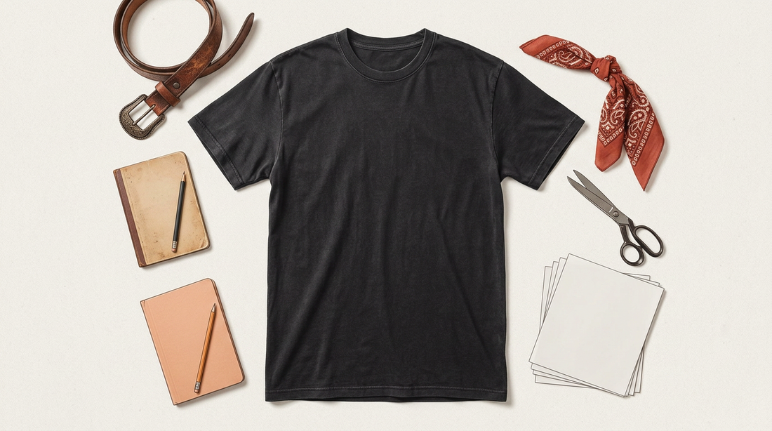 A vintage-inspired workspace with a blank garment-dyed t-shirt, retro cowgirl accessories, and print-on-demand craft tools.