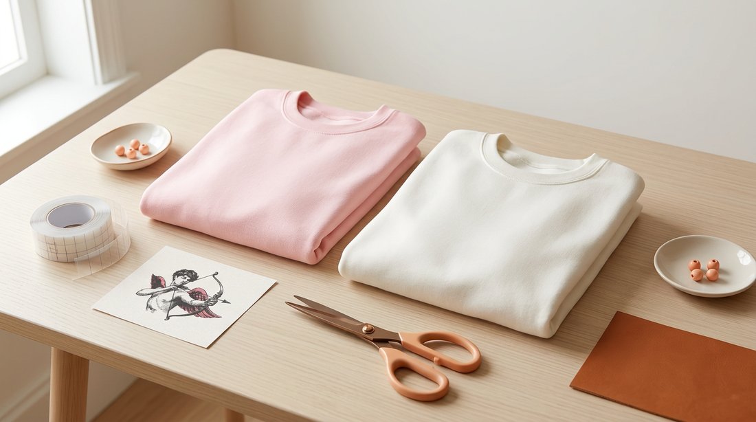 Blank pink and white crewneck sweatshirts on a clean workspace with Valentine's Day crafting supplies.