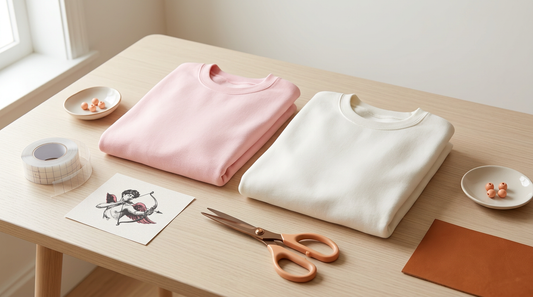 Blank pink and white crewneck sweatshirts on a clean workspace with Valentine's Day crafting supplies.