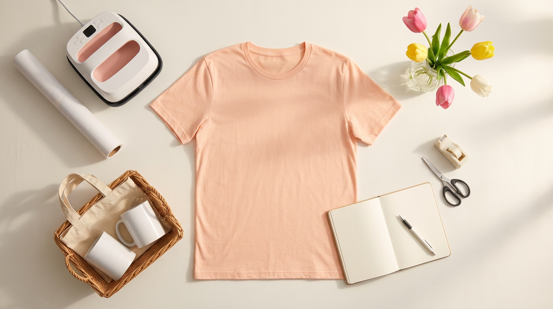 Blank pastel t-shirt with spring crafting props and woven basket on a light neutral workspace