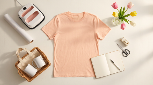 Blank pastel t-shirt with spring crafting props and woven basket on a light neutral workspace