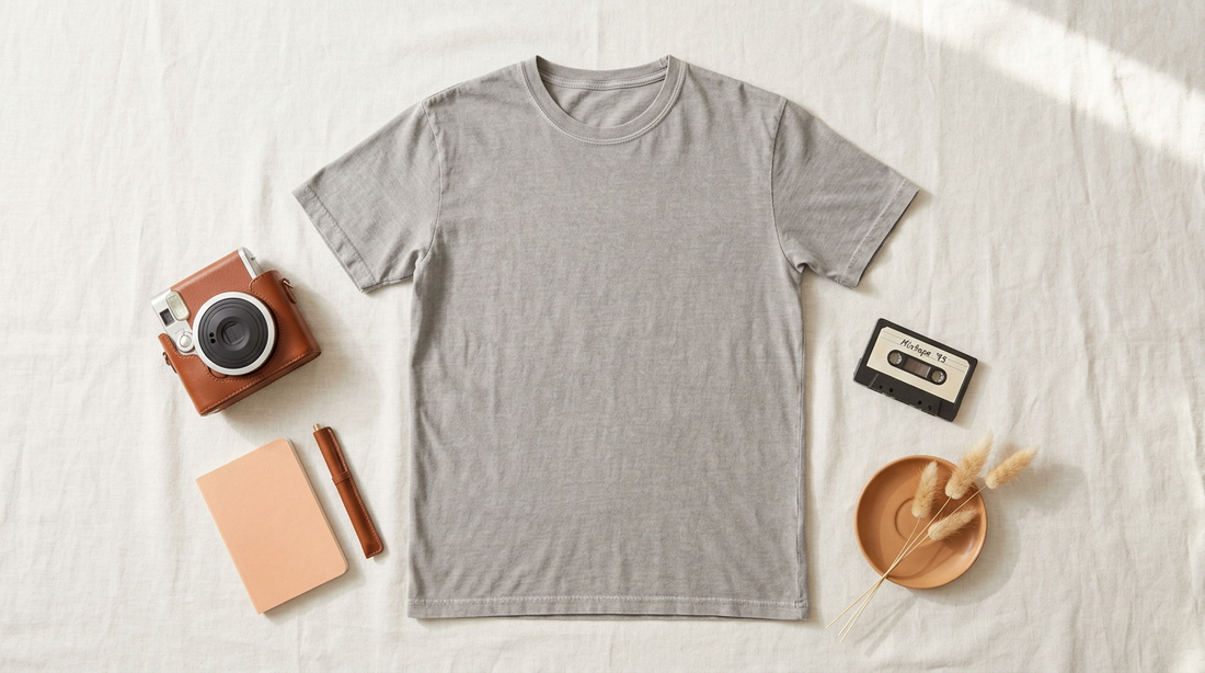 A clean flat lay of a blank vintage-wash t-shirt surrounded by retro aesthetic props like a cassette tape and polaroid