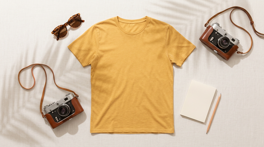 A flat lay of a faded vintage t-shirt surrounded by retro summer props like sunglasses and a film camera on a clean