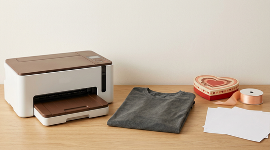 A workspace featuring a vintage-washed blank t-shirt, a sublimation printer, and retro Valentine props.