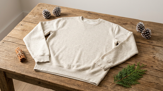 Blank cozy sweatshirt surrounded by rustic winter props and pinecones on a wooden table