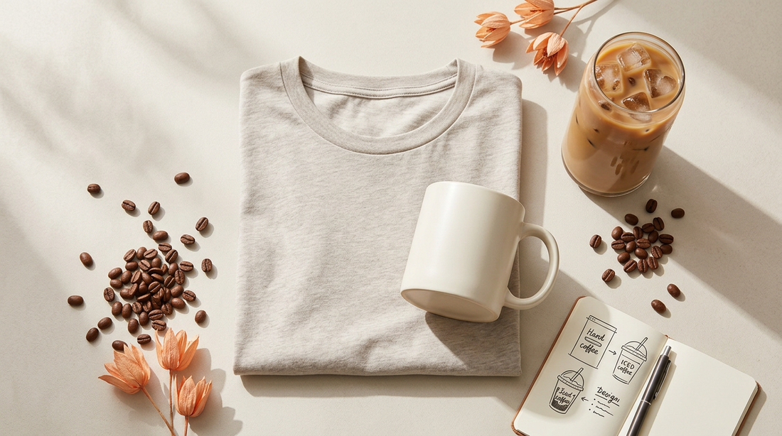 Workspace showing a blank coffee mug and a folded neutral t-shirt ready for sarcastic coffee PNG designs and sublimation.
