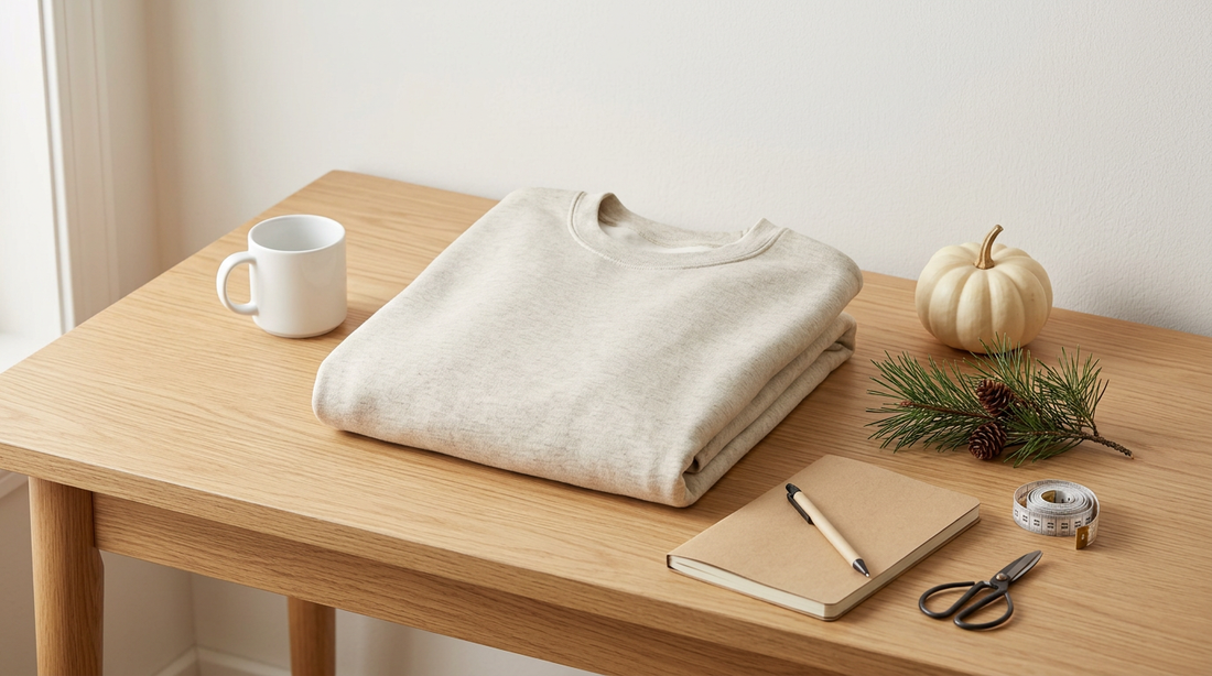 A tidy print-on-demand workspace showing a blank neutral-colored sweatshirt folded on a desk with subtle seasonal props.