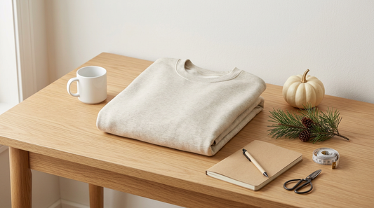 A tidy print-on-demand workspace showing a blank neutral-colored sweatshirt folded on a desk with subtle seasonal props.