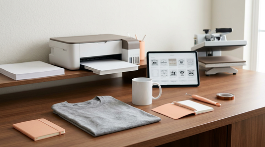 Workspace showing a blank t-shirt and mug ready for sarcastic PNG designs and sublimation printing.