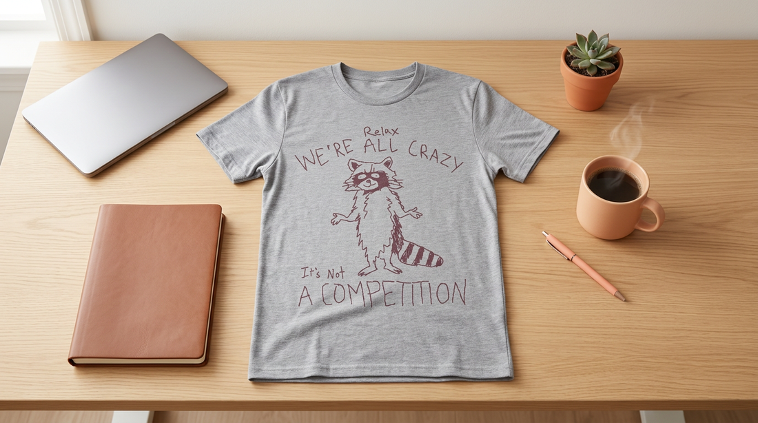 A clean print-on-demand workspace featuring a blank grey t-shirt, a laptop, and a coffee cup on a light oak desk.