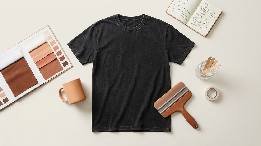 Flat lay of a distressed vintage graphic tee with a sarcastic cartoon design, surrounded by print-on-demand crafting tools.