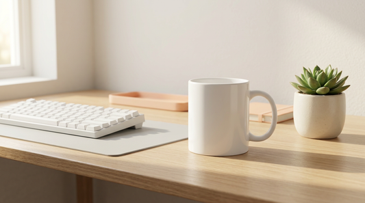 A white ceramic desk mug with a funny raccoon design sitting on a neat office desk next to a keyboard.