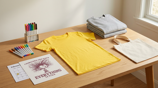 Blank yellow t-shirt and grey sweatshirt on a desk with a school calendar and markers.