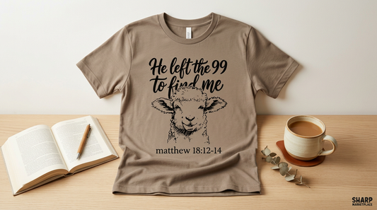Flat lay of a blank earth-tone t-shirt next to an open Bible and coffee mug, ready for print-on-demand design.