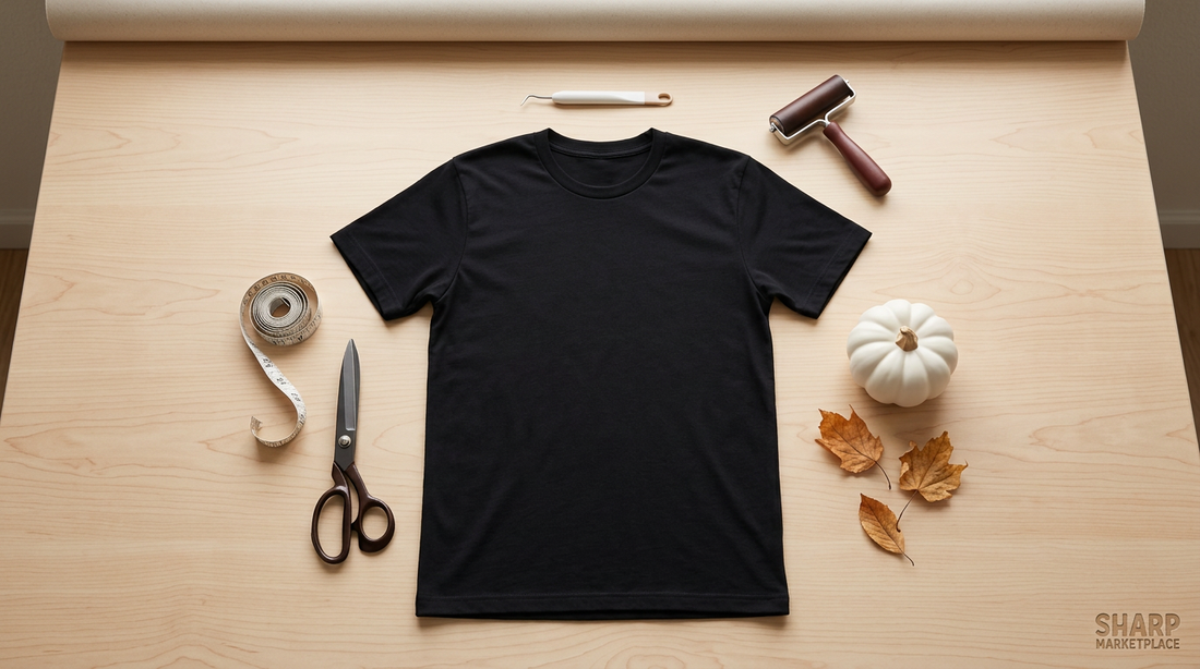 Blank black t-shirt and crafting tools on a clean workspace, preparing for Halloween skeleton shirt production.