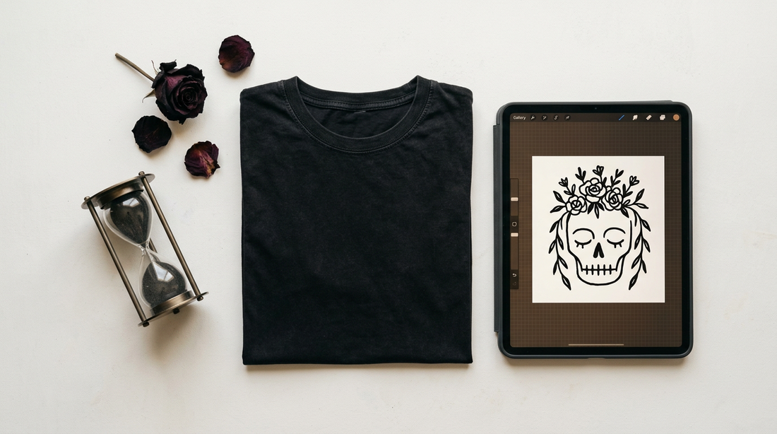 A flat lay of a vintage black t-shirt, crafting tools, and edgy accessories on a neutral background.