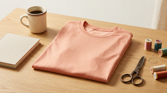 A heather peach t-shirt on a wooden desk featuring a snarky retro character design, surrounded by crafting tools.