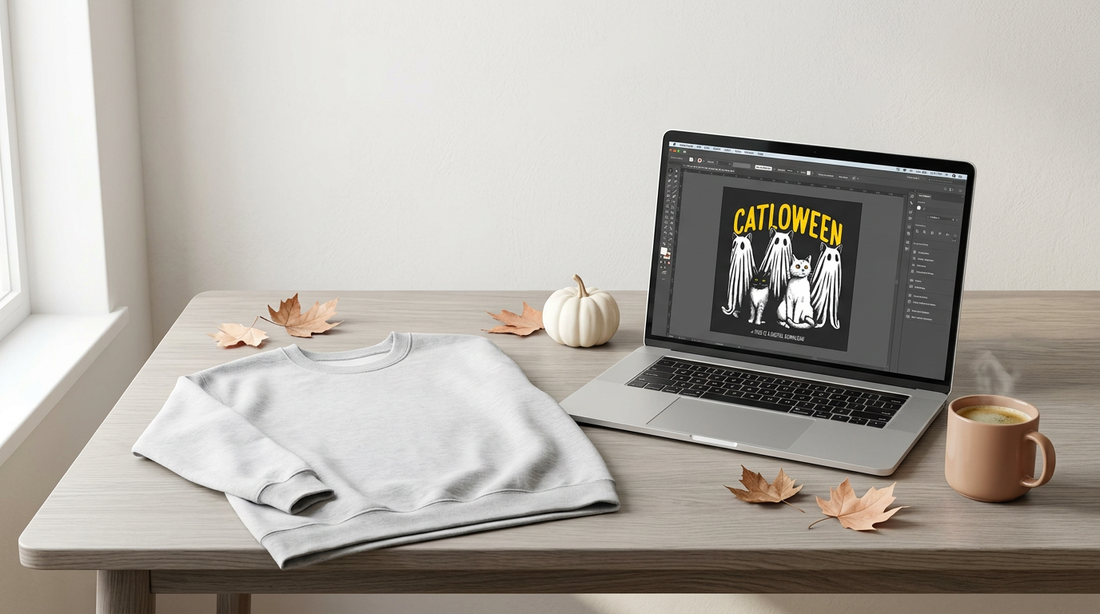 A cozy autumn workspace showing a blank sweatshirt, a laptop displaying a ghost cat design, and small Halloween props.